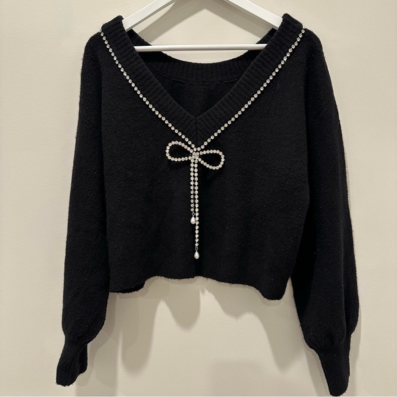 Express Rhinestone Bow Embellished Convertible Sweater Black Holiday New Years - Picture 6 of 15